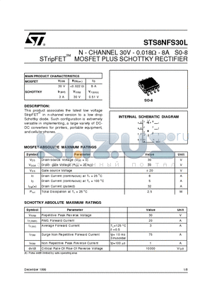 STS8NFS30L datasheet - N - CHANNEL 30V - 0.018ohm - 8A S0-8 STripFET  MOSFET PLUS SCHOTTKY RECTIFIER