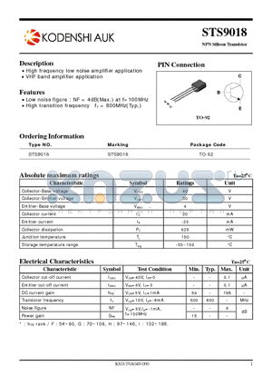 STS9018 datasheet - NPN Silicon Transistor