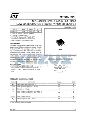 STS9NF30L datasheet - N-CHANNEL 30V - 0.015 ohm - 9A SO-8 LOW GATE CHARGE STripFET  POWER MOSFET