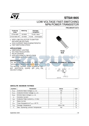 STSA1805 datasheet - LOW VOLTAGE FAST-SWITCHING NPN POWER TRANSISTOR