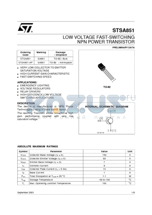 STSA851 datasheet - LOW VOLTAGE FAST-SWITCHING NPN POWER TRANSISTOR