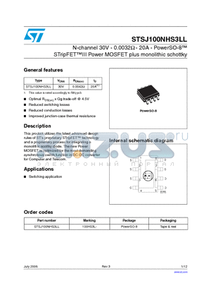 STSJ100NHS3LL datasheet - N-channel 30V - 0.0032ohm - 20A - PowerSO-8 STripFET III Power MOSFET plus monolithic schottky