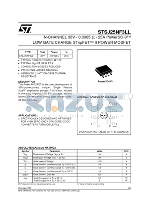 STSJ25NF3LL datasheet - N-CHANNEL 30V - 0.0085OHM-25A PowerSO-8TM LOW GATE CHARGE STripFET TM II POWER MOSFET