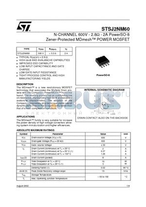STSJ2NM60 datasheet - N-CHANNEL 600V - 2.8ohm - 2A PowerSO-8 Zener-Protected MDmesh POWER MOSFET