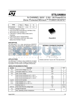 STSJ3NM50 datasheet - N-CHANNEL 500V - 2.5ohm - 3A PowerSO-8 Zener-Protected MDmesh POWER MOSFET