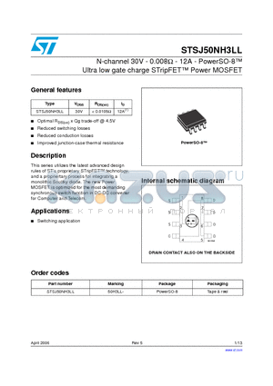 STSJ50NH3LL datasheet - N-channel 30V - 0.008ohm - 12A - PowerSO-8 Ultra low gate charge STripFET Power MOSFET