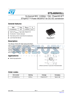 STSJ60NH3LL datasheet - N-channel 30V - 0.004ohm - 15A - PowerSO-8 STripFET Power MOSFET for DC-DC conversion