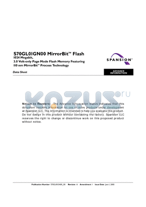 S70GL01GN00 datasheet - 3.0 Volt-only Page Mode Flash Memory featuring 110 nm MirrorBit Process Technology