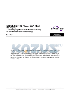 S70GL01GN00FAI023 datasheet - 3.0 Volt-only Page Mode Flash Memory featuring 110 nm MirrorBit Process Technology