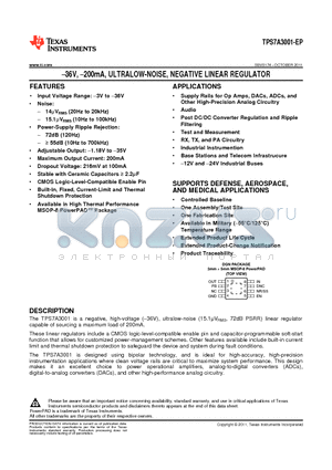 TPS7A3001-EP datasheet - 36V, 200mA, ULTRALOW-NOISE, NEGATIVE LINEAR REGULATOR