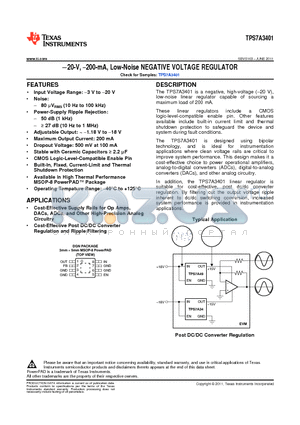 TPS7A3401DGNT datasheet - -20-V, -200-mA, Low-Noise NEGATIVE VOLTAGE REGULATOR