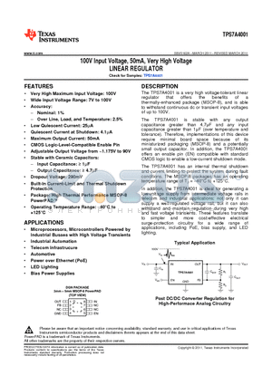 TPS7A4001DGNR datasheet - 100V Input Voltage, 50mA, Very High Voltage LINEAR REGULATOR