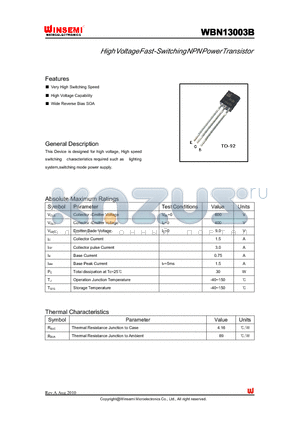 WBN13003B datasheet - HighVoltageFast-SwitchingNPNPowerTransistor