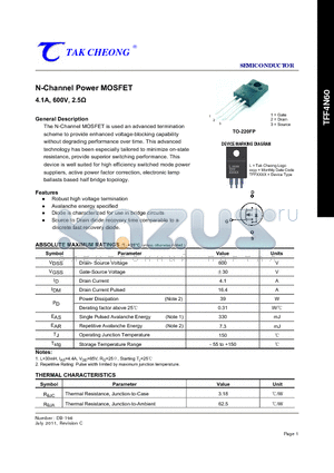 TFF4N60 datasheet - N-Channel Power MOSFET 4.1A, 600V, 2.5Y