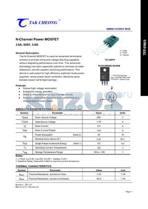 TFF4N65 datasheet - N-Channel Power MOSFET 3.9A, 650V, 3.0Y