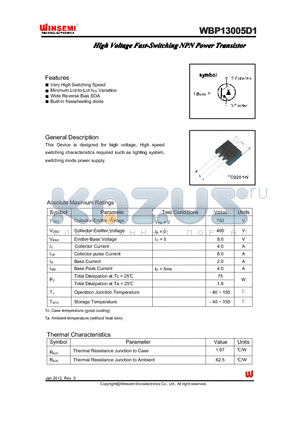 WBP13005D1 datasheet - High Voltage Fast-SwitchingNPN Power Transistor