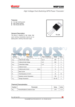 WBP3308 datasheet - High Voltage Fast-Switching NPN Power Transistor