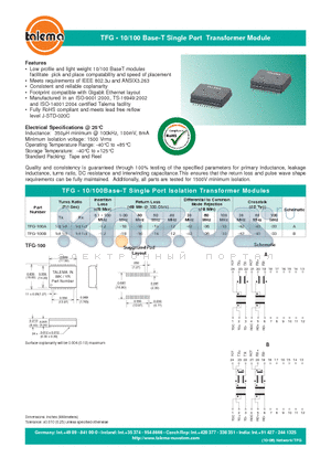 TFG-100B datasheet - TFG  10/100 Base-T Single Port Transformer Module