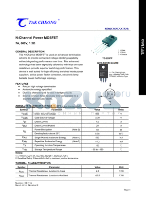 TFF7N60 datasheet - N-Channel Power MOSFET 7A, 600V, 1.2Y