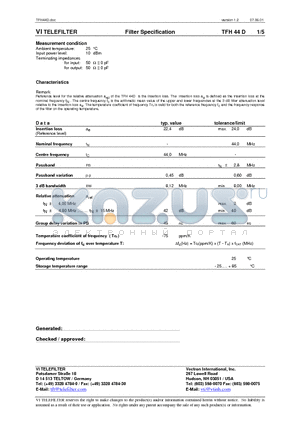 TFH44D datasheet - Filter Specification