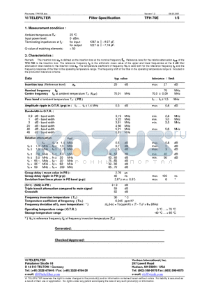 TFH70E datasheet - Filter Specification