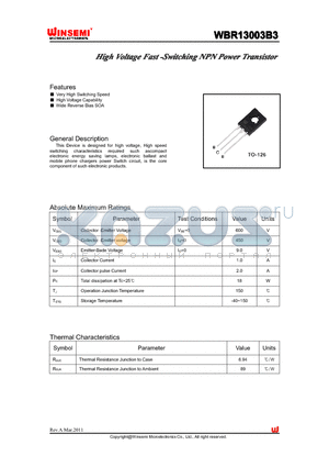 WBR13003B3 datasheet - High Voltage Fast -Switching NPN Power Transistor