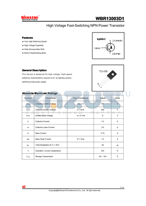 WBR13003D1 datasheet - High Voltage Fast-Switching NPN Power Transistor