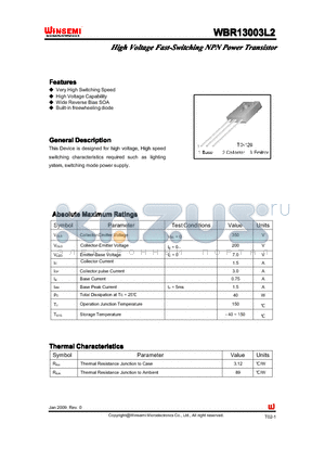 WBR13003L2 datasheet - High Voltage Fast-Switching NPN Power Transistor