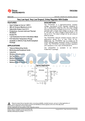 TPS7A7001YYYZ datasheet - Very Low Input, Very Low Dropout, 2-Amp Regulator With EnableQ