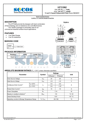 STT3585 datasheet - 3.5A, 20V, RDS(ON) 75m -2.5A, -20V, RDS(ON) 160m N And P-Channel Enhancement Mode Power MOSFET