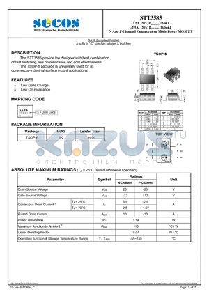 STT3585_12 datasheet - 3.5A, 20V, RDS(ON) 75m -2.5A, -20V, RDS(ON) 160m N And P-Channel Enhancement Mode Power MOSFET