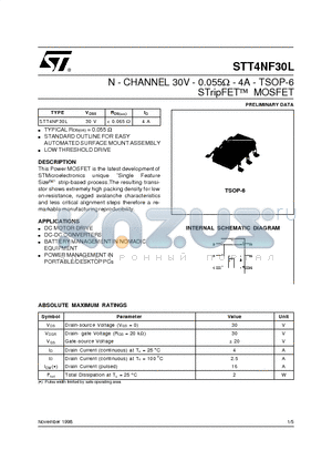 STT4NF30L datasheet - N - CHANNEL 30V - 0.055ohm - 4A - TSOP-6 STripFET  MOSFET