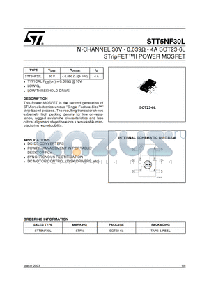 STT5NF30L datasheet - N-CHANNEL 30V - 0.039W - 4A SOT23-6L STripFET II POWER MOSFET