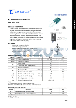 TFF10N60 datasheet - N-Channel Power MOSFET 10A, 600V, 0.75Y