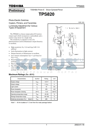 TPS820 datasheet - Photo-Electric Switches Copiers, Printers, and Facsimiles Luminosity Adjustment for Various Types of Equipment