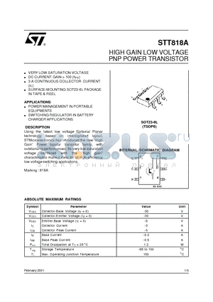 STT818A datasheet - HIGH GAIN LOW VOLTAGE PNP POWER TRANSISTOR