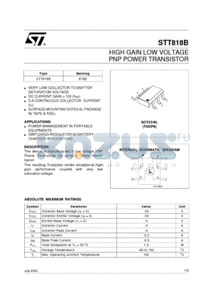 STT818B datasheet - HIGH GAIN LOW VOLTAGE PNP POWER TRANSISTOR