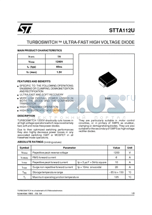 STTA112 datasheet - TURBOSWITCH  ULTRA-FAST HIGH VOLTAGE DIODE