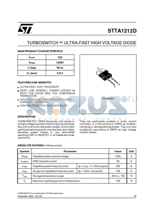 STTA1212 datasheet - TURBOSWITCH  ULTRA-FAST HIGH VOLTAGE DIODE