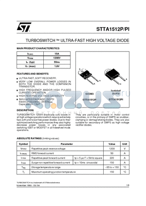 STTA1512P datasheet - TURBOSWITCH E ULTRA-FAST HIGH VOLTAGE DIODE