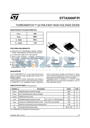 STTA2006P datasheet - TURBOSWITCH  ULTRA-FAST HIGH VOLTAGE DIODE