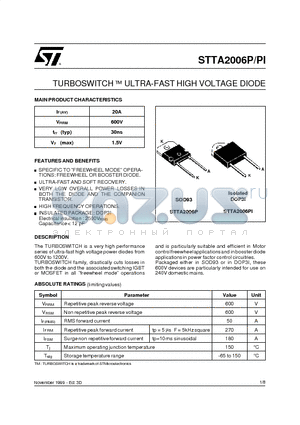 STTA2006PI datasheet - TURBOSWITCH  ULTRA-FAST HIGH VOLTAGE DIODE