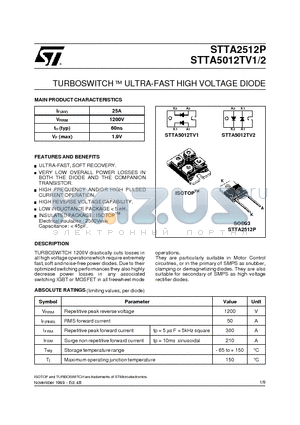 STTA2512 datasheet - TURBOSWITCH  ULTRA-FAST HIGH VOLTAGE DIODE