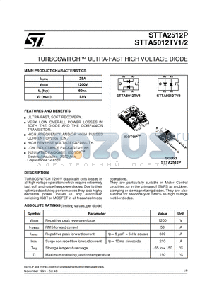 STTA2512P datasheet - TURBOSWITCH  ULTRA-FAST HIGH VOLTAGE DIODE