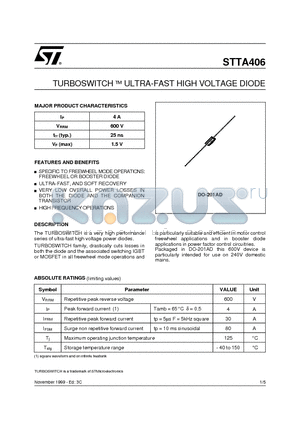 STTA406 datasheet - TURBOSWITCH  ULTRA-FAST HIGH VOLTAGE DIODE