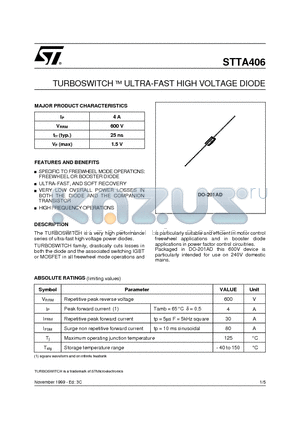 STTA406RL datasheet - TURBOSWITCH  ULTRA-FAST HIGH VOLTAGE DIODE