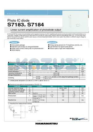 S7184 datasheet - Photo IC diode Linear current amplification of photodiode output