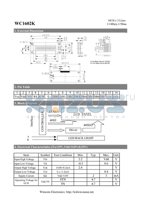 WC1602K datasheet - 16CH x 2 Lines 1/16Duty,1/5Bias LCD