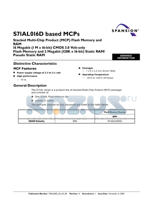 S71AL016D datasheet - Stacked Multi-Chip Product (MCP) Flash Memory and RAM