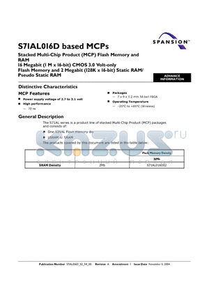 S71AL016D02BAWBF2 datasheet - Stacked Multi-Chip Product (MCP) Flash Memory and RAM